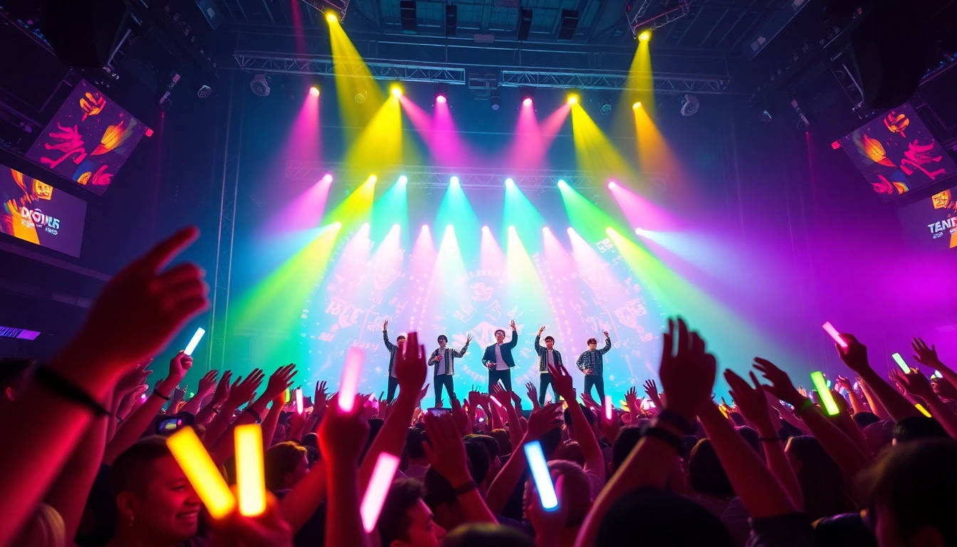 BTS news highlights a lively concert with fans excitedly waving lightsticks.