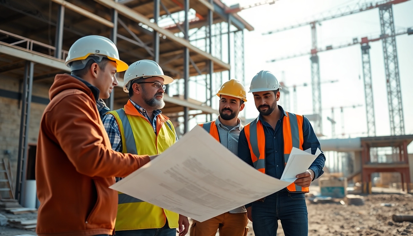 Construction leadership programs showcase professionals collaborating on site with blueprints.