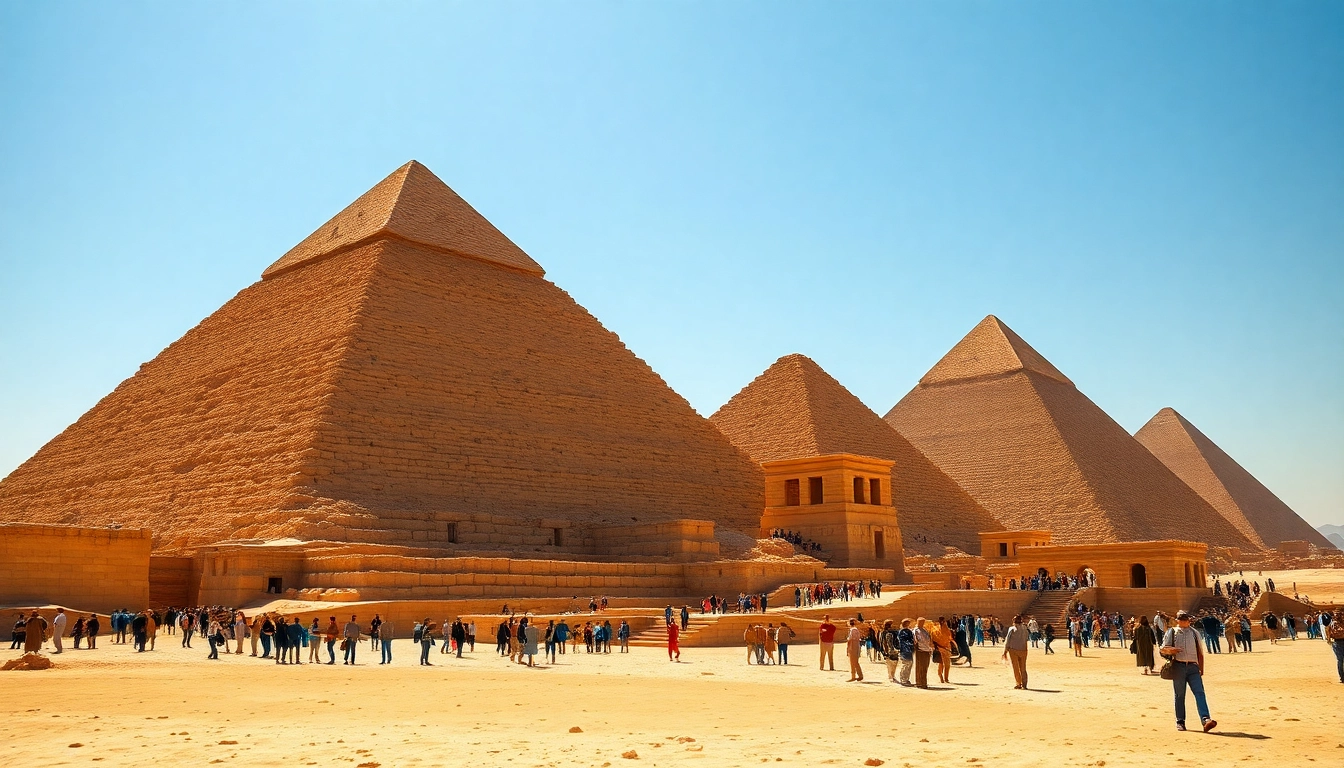 Piraminds towering against a stunning sunset, surrounded by visitors exploring Egypt's ancient history.