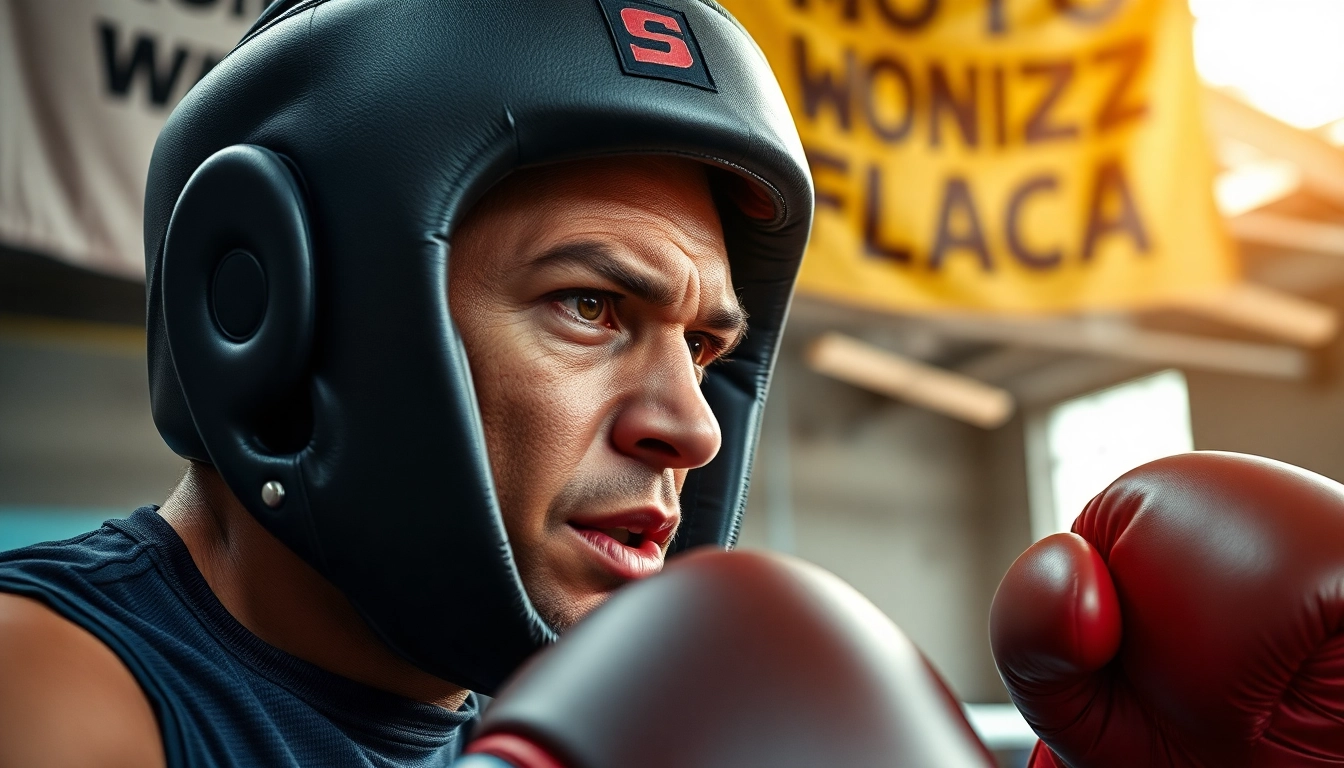Kämpfer mit Kopfschutz beim Training - hochqualitativer headgear boxing schützt und inspiriert