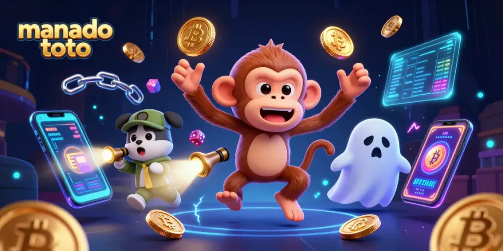 Engage with manado toto in a dynamic casino scene featuring a playful ghost monkey and a curious puppy.