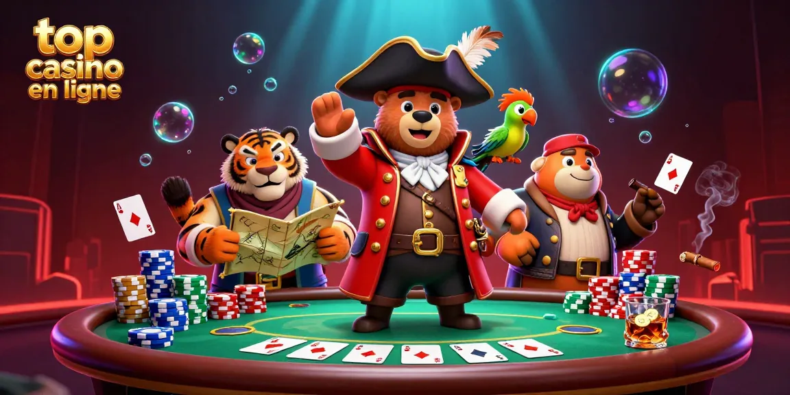 Explorez le top casino en ligne avec ce pirate et son équipage autour d'une table de poker.