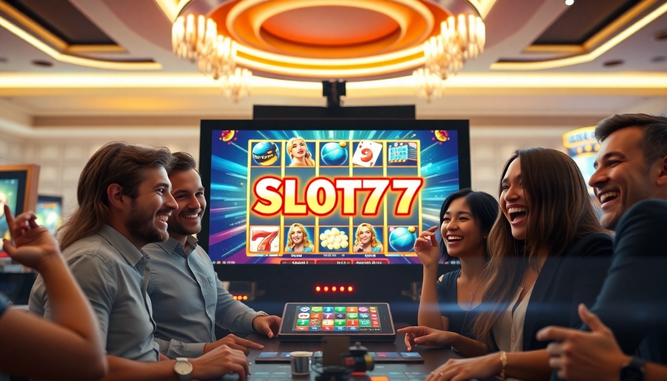 Permainan Slot77 yang menarik dalam suasana kasino online dengan pemain yang antusias.