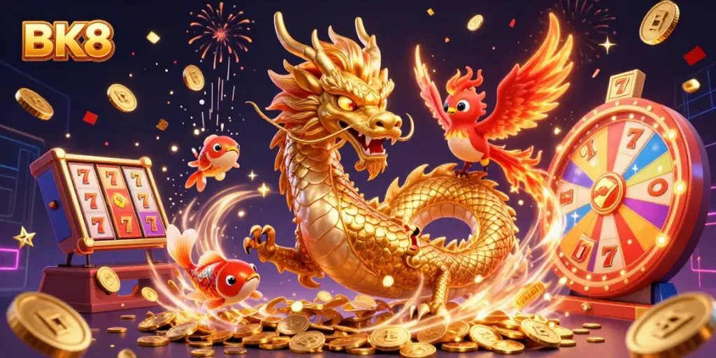 Engage in thrilling gameplay at BK8 with a golden dragon and phoenix amidst a vibrant casino world.
