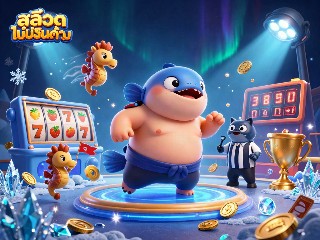 Engage in fun at สล็อตไม่มีขั้นต่ำ with a dynamic 3D cartoon casino scene featuring exciting slot elements.