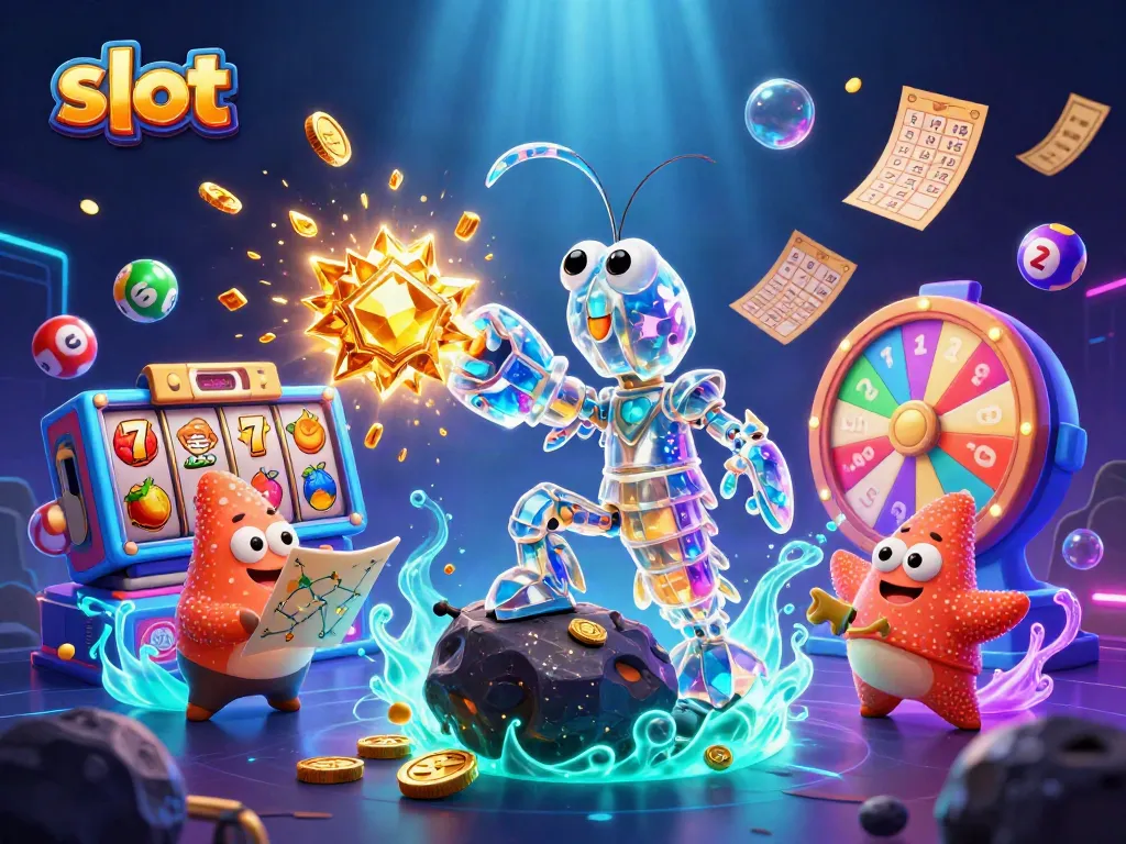 Menangkan slot jackpot dengan karakter 3D yang terinspirasi dari kasino, dikelilingi elemen permainan berwarna-warni.