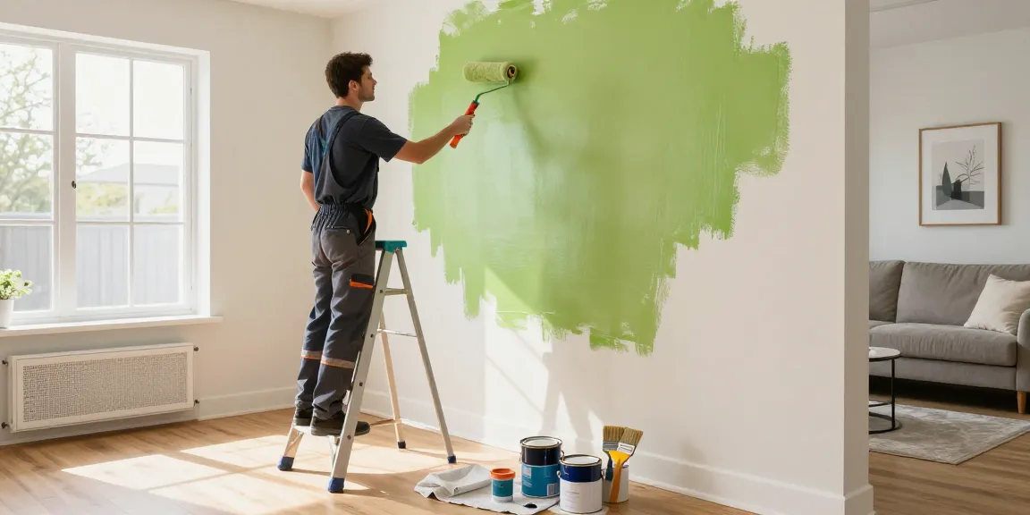 Home painting contractor applying vibrant paint in a bright living room, demonstrating professional service.