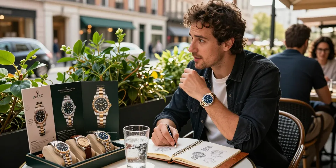 Fashionable individual showcasing a rolex replica watch while enjoying a café, highlighting luxury and style.