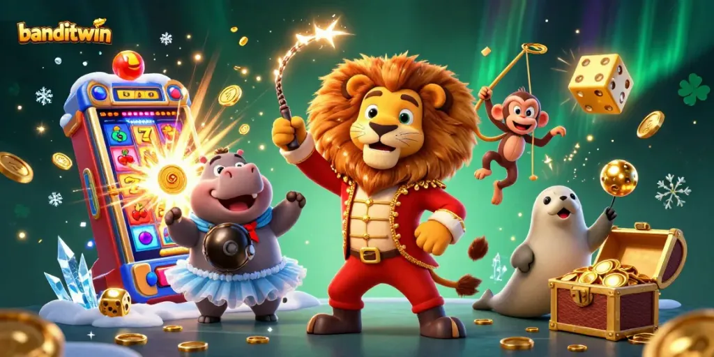 Banditwin menampilkan ilustrasi 3D yang menarik dengan simbol mesin slot dan karakter unik di kasino.