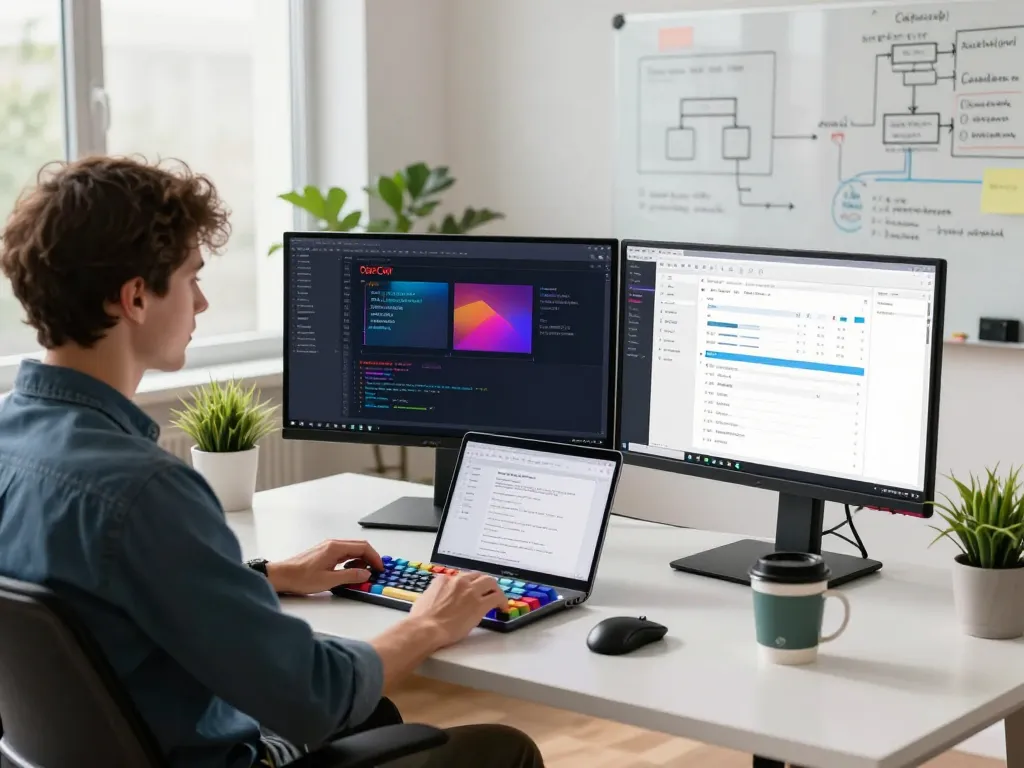 Developer using OpenClaw AI on dual monitors in a modern tech workspace