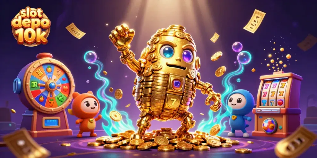 Raih jackpot dengan slot depo 10k dalam ilustrasi penuh warna yang menggambarkan permainan slot seru.