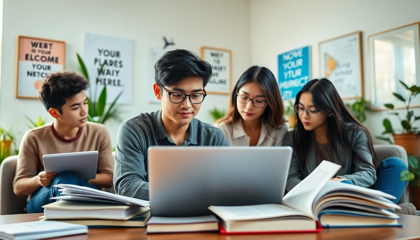 Students receiving toefl expert help in a bright study space with books and notes.