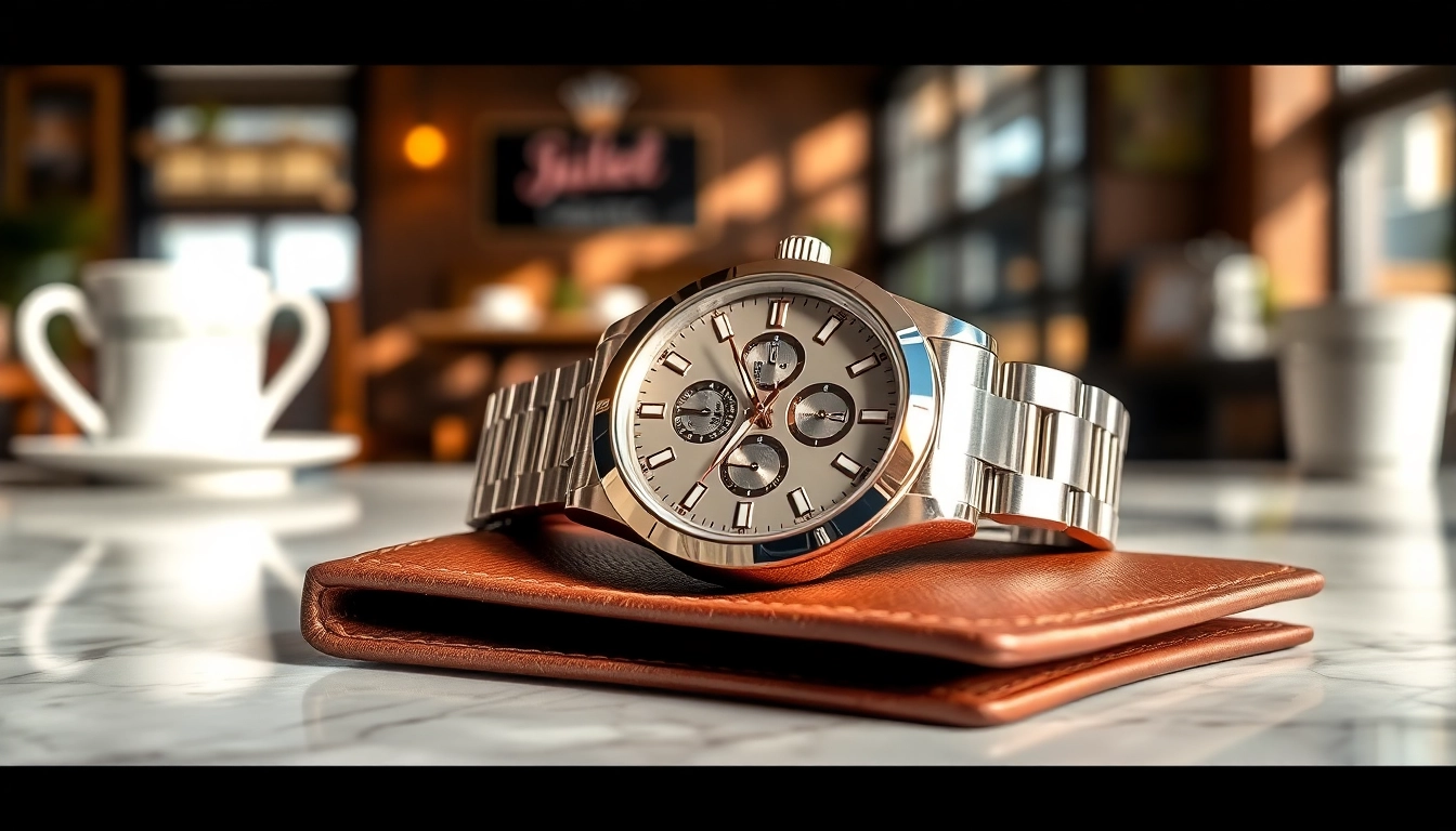 A close-up of a shiny rolex replica watch on an elegant wallet, highlighting luxury.