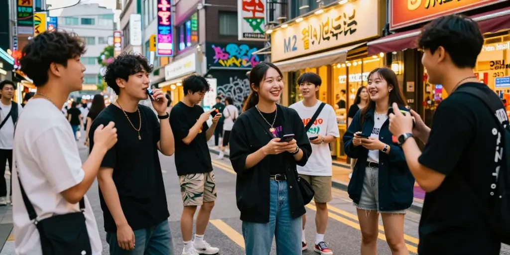 홍대오피의 젊은 고객들이 화려한 거리 패션을 입고 즐거운 대화를 나누는 모습, 홍대의 활기찬 분위기.