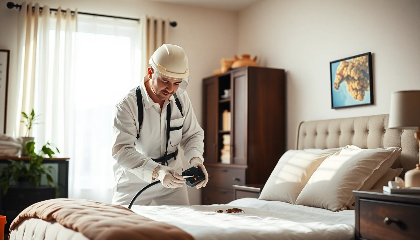 Technician as bedbugs exterminator near me treating a bedroom for infestations.