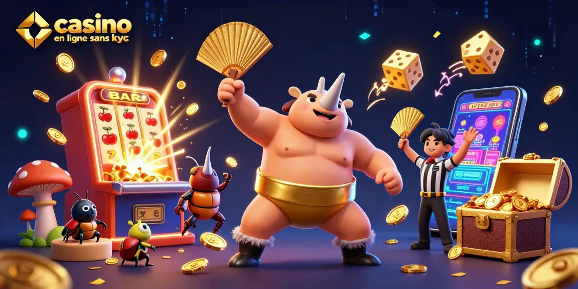 Jouer à des jeux de casino en ligne sans KYC dans une illustration ludique et dynamique.