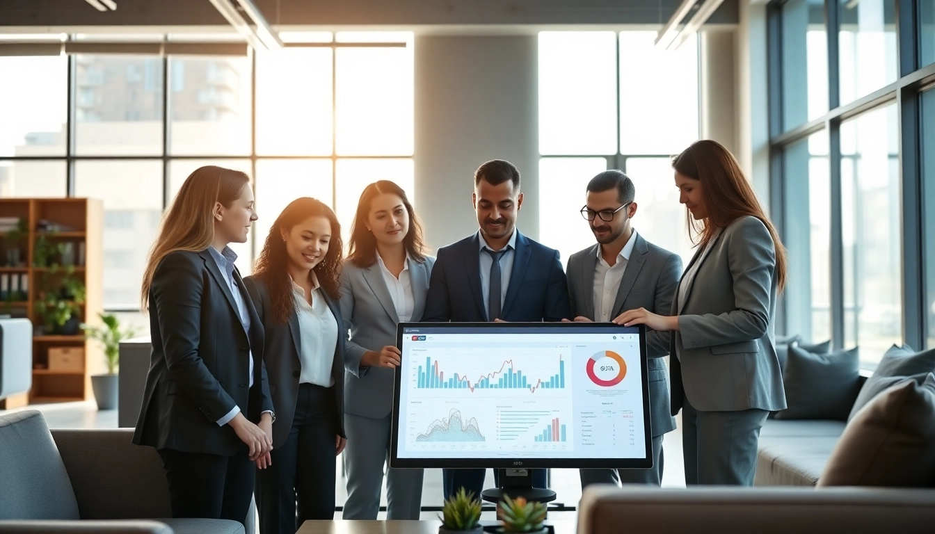 Team strategizing enterprise IT solutions in a modern workspace with digital analytics.
