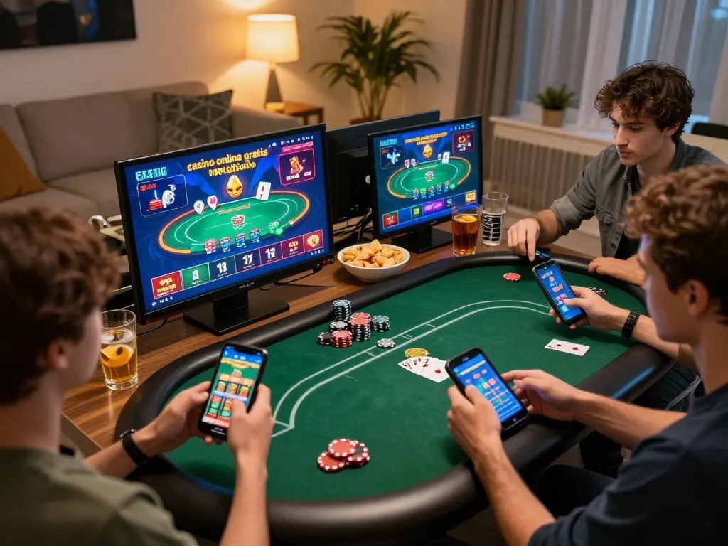 Engage in thrilling casino online gratis senza registrazione gameplay, with players enjoying vibrant online poker at home.