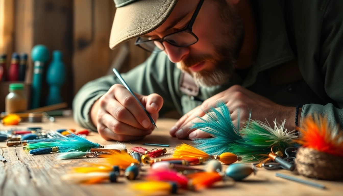 Engage in fly tying with vibrant materials and tools arranged on a rustic wooden table.