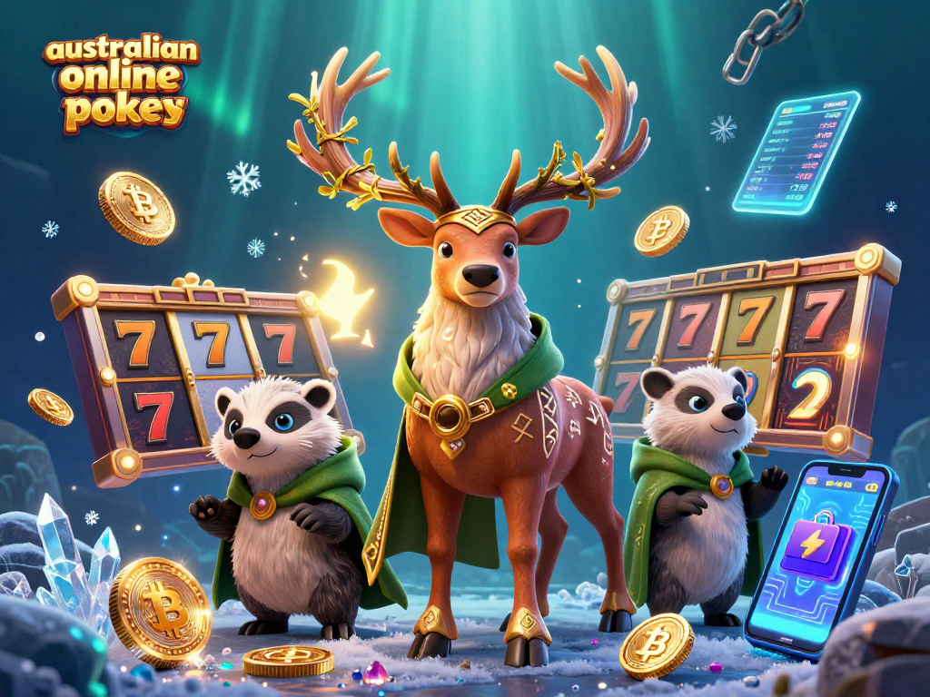 Experience thrilling australian online pokies from a dynamic 3D illustrated scene of luck and strategy.