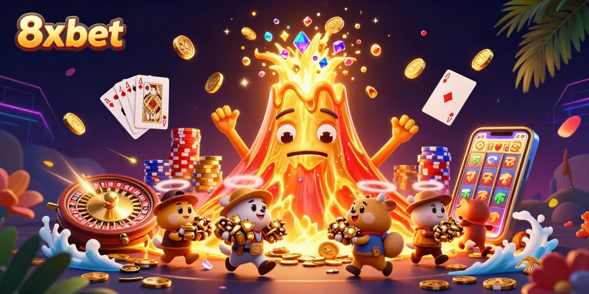 Experience thrilling wins with 8x bet while enjoying a vibrant casino scene filled with gold coins and treasures.