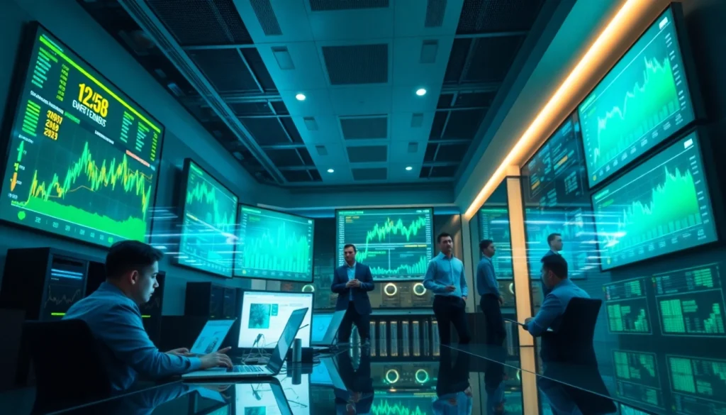 Best cloud mining setup in a modern office with digital currency displays.