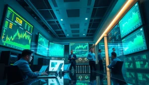 Best cloud mining setup in a modern office with digital currency displays.