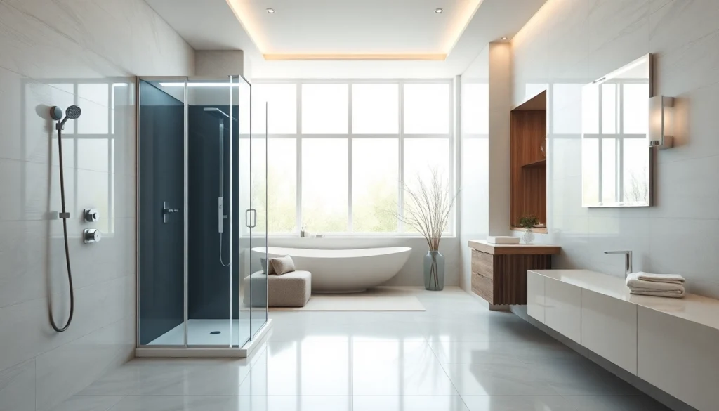 Découvrez la salle de bain moderne avec cabine de douche sirhona fr et miroir LED élégant.