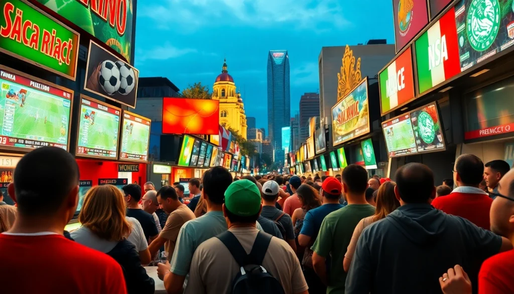 Engage in thrilling sports betting Mexico with a lively crowd and colorful betting kiosks.