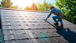 Showcase of Professional roofing services with workers installing a roof on a sunny day.