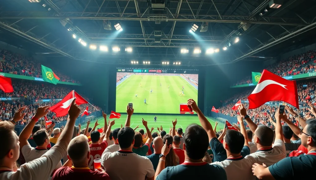 축구중계 생중계를 보는 관중과 흥미진진한 현장 분위기를 담은 이미지