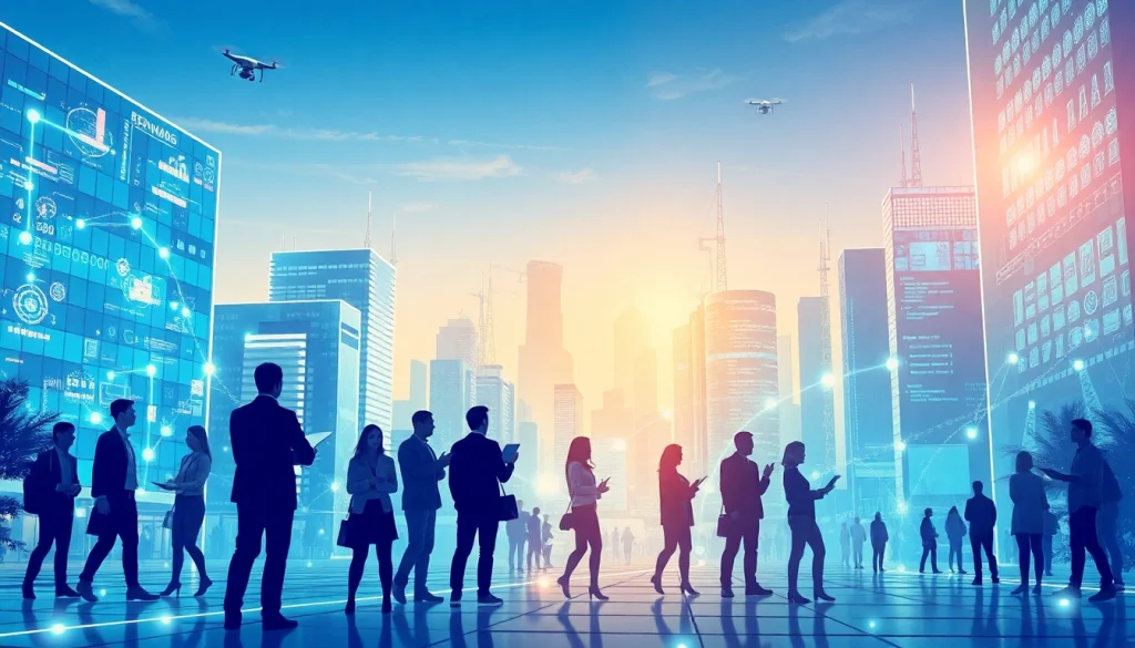 Showcasing Technology through a futuristic urban setting with digital data flows and collaborative individuals.