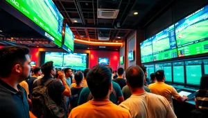 Engaging scene of bettors at the best sportsbooks Brazil, showcasing excitement and vibrant sports wagering activities.