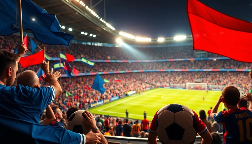 축구중계를 통해 열광하는 팬들이 있는 경기장 풍경