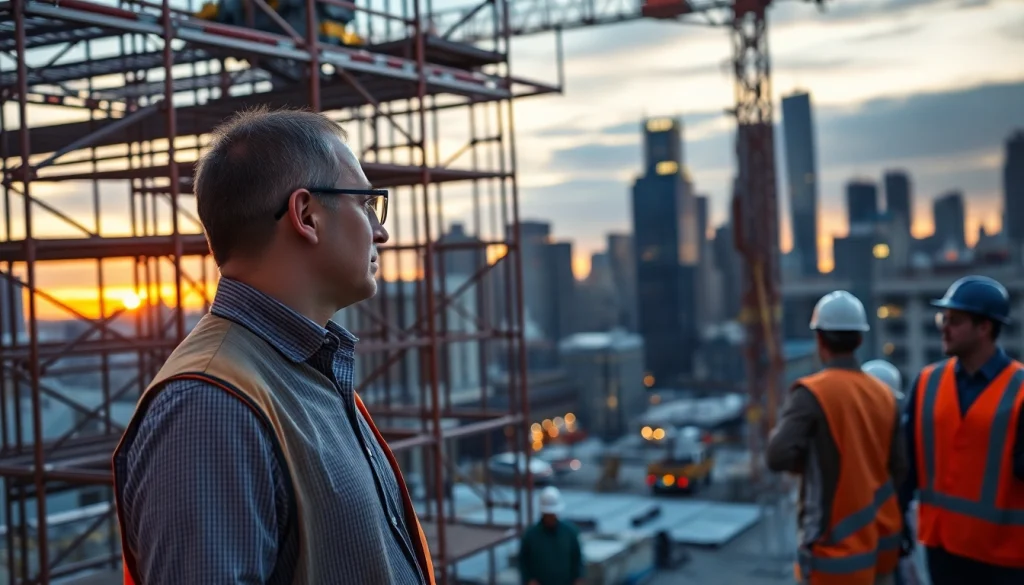 Manhattan Construction Manager guiding a construction team on a bustling site with urban skyline.