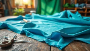 Canvas stof met rijke textuur op een houten tafel met artistieke gereedschappen.