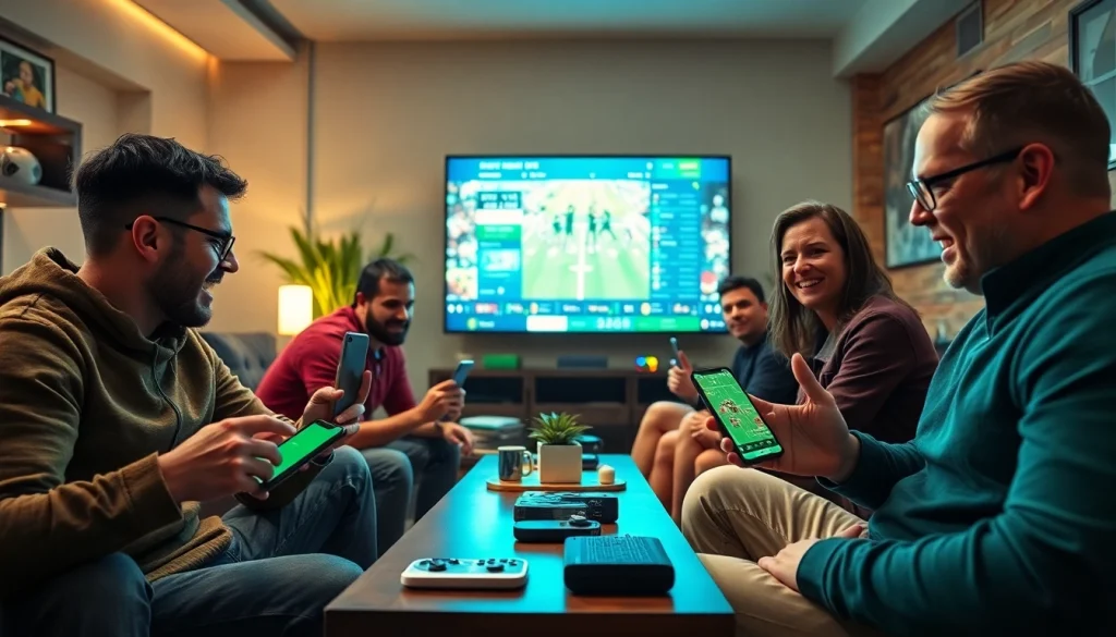Engaged players using sports betting sites India on mobile devices in a modern living room.