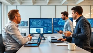 Illustration of Azure & AWS Integration in a collaborative tech workspace.