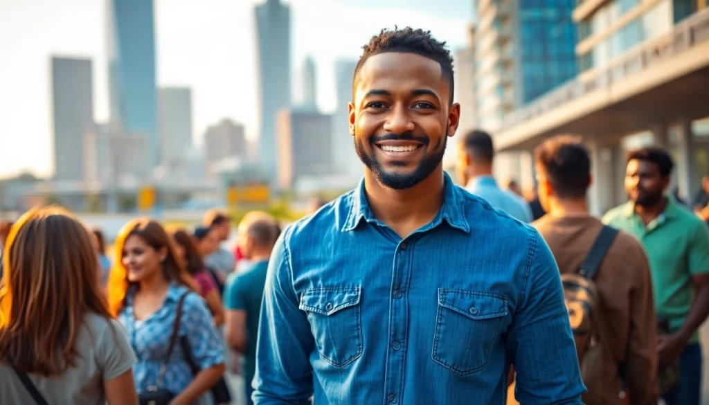 Chance Freeman engaging with a diverse community in a vibrant urban landscape.