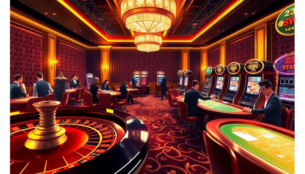 An engaging online casino scene featuring 23win, where players are immersed in vibrant gaming action with bright slot machines and poker tables.