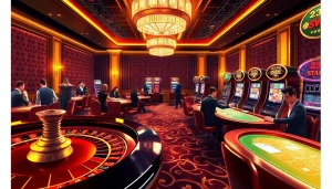 An engaging online casino scene featuring 23win, where players are immersed in vibrant gaming action with bright slot machines and poker tables.