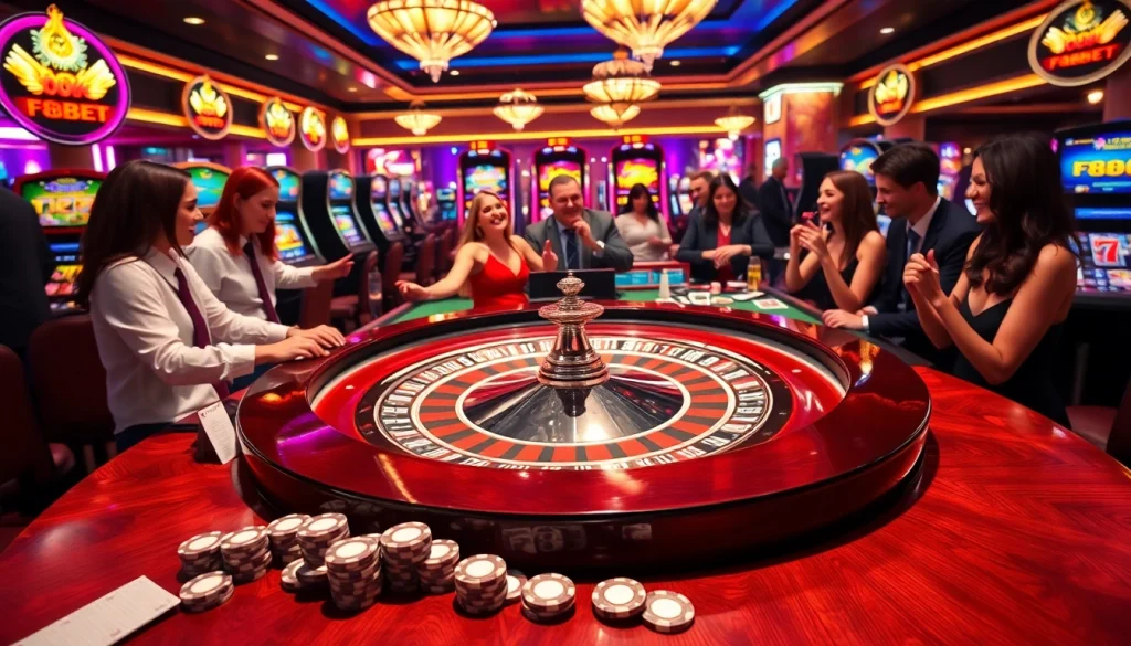 Experience thrilling wins at F8bet's luxurious casino with excited players and vibrant gaming elements.