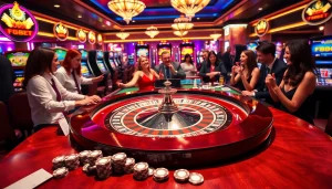 Experience thrilling wins at F8bet's luxurious casino with excited players and vibrant gaming elements.