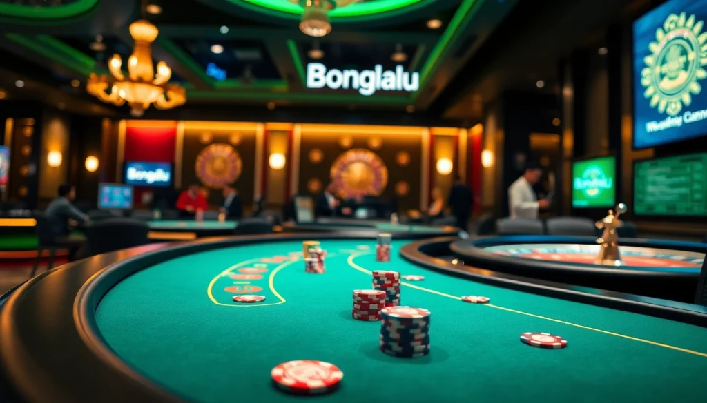 Bongdalu enhances the thrill of gambling with a vibrant casino scene featuring poker tables and roulette wheels.