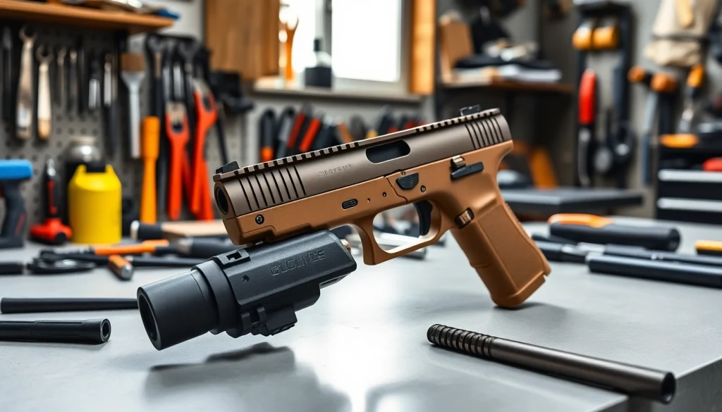 Showcasing the polymer80 glock 19 pf940c complete kit with detailed components and tools on a workbench.