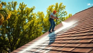 Roof cleaning service using eco-friendly methods on a residential home.