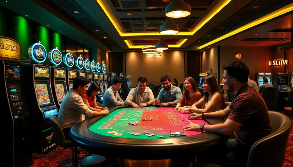 Modern casino gaming atmosphere showcasing 789f.com with excited players and luxe décor.