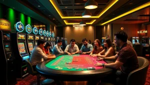 Modern casino gaming atmosphere showcasing 789f.com with excited players and luxe décor.
