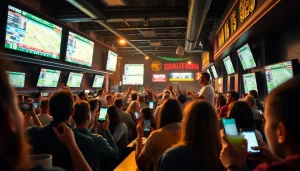 Enjoying online sports betting California at an energetic sports bar with happy fans.