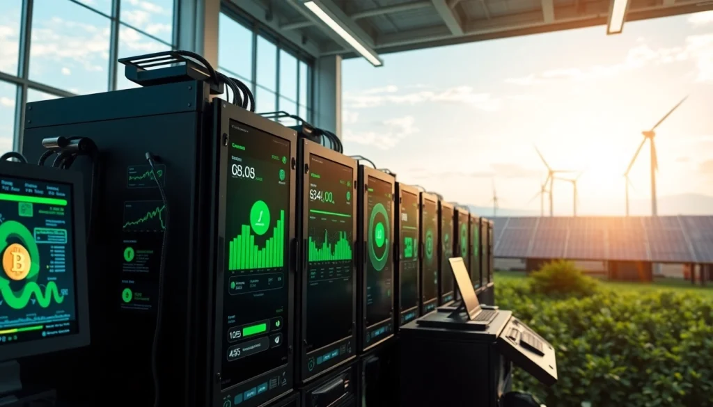 Visual representation of dogecoin cloud mining earnings with digital interface and renewable energy setup.